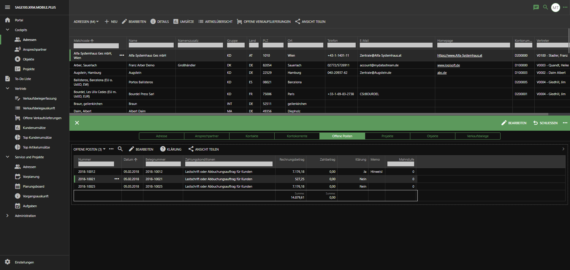Sage 100 xRM Mobile Plus Adressenübersicht mit Offene Posten